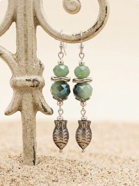 Hand Made Czech Glass & Sterling Silver Fish Charms Dangle Earrings 2 1/4” NWT